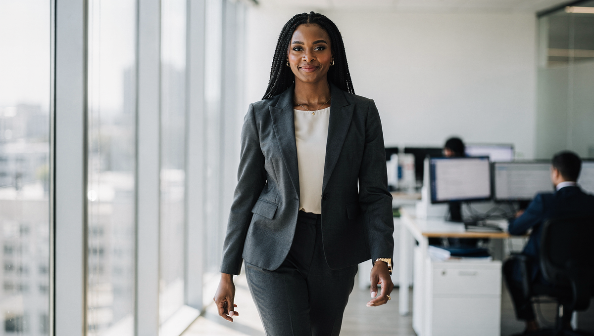 A professional woman with long box braids walks through her office