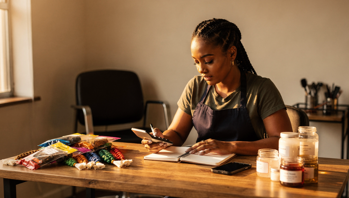 A Braid Artist works out her prices at her studio desk