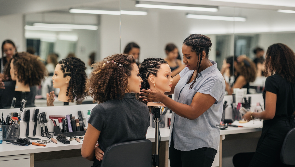 Cosmetology students practice on textured-hair mannequins