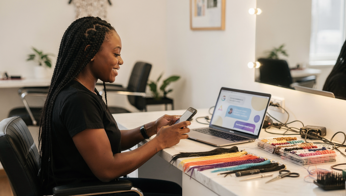 A Braid Artist uses an AI assistant on her phone and laptop between clients