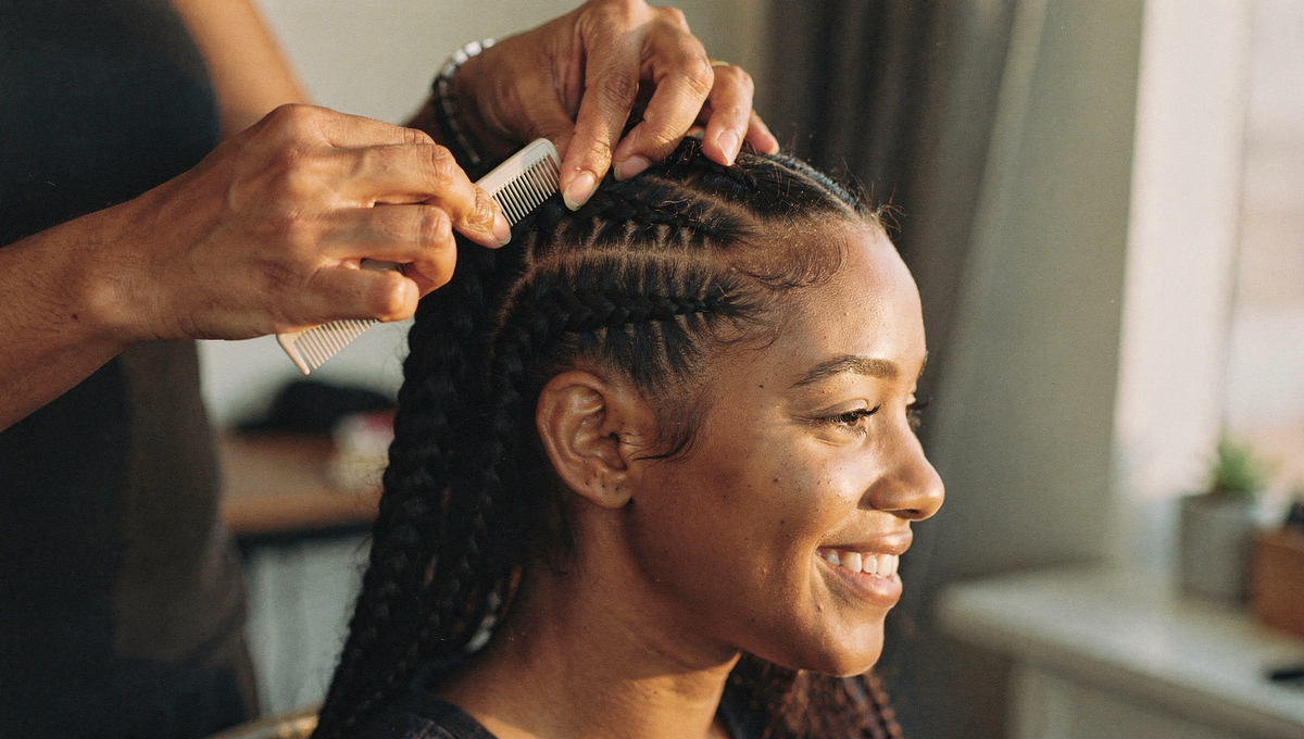 A Braid Artist gently sections hair at a client's hairline