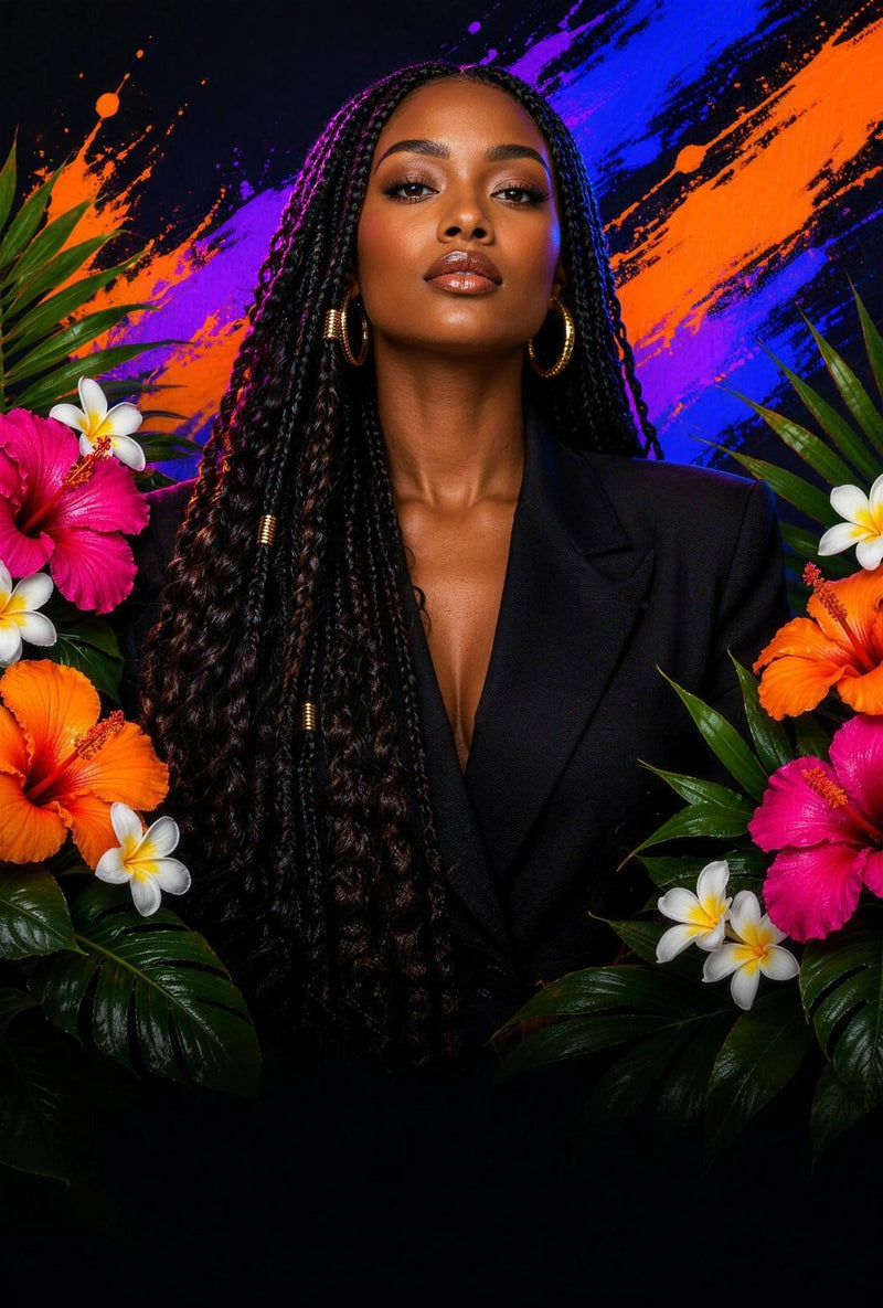 Braid Artist with waist-length boho braids framed by hibiscus and paint strokes